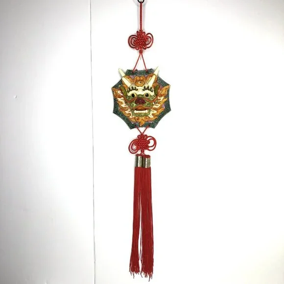 Chinese Yin Yang Dragon Hanging Plaque Pottery Red Tassels Guardian Feng Shui
